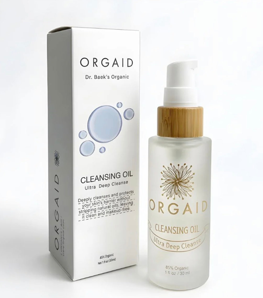 Orgaid cleansing oil bottle and packaging on a white background